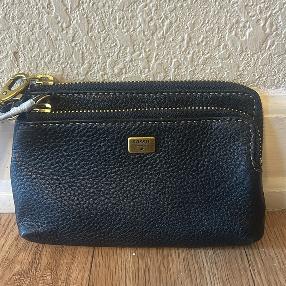 FOSSIL Black Polished Pebbled Leather Double Corner Zip Wristlet - Picture 3 of 9